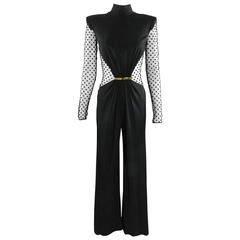 Balmain Pre-fall 2015 Black Polkadot Mesh Panel Jumpsuit