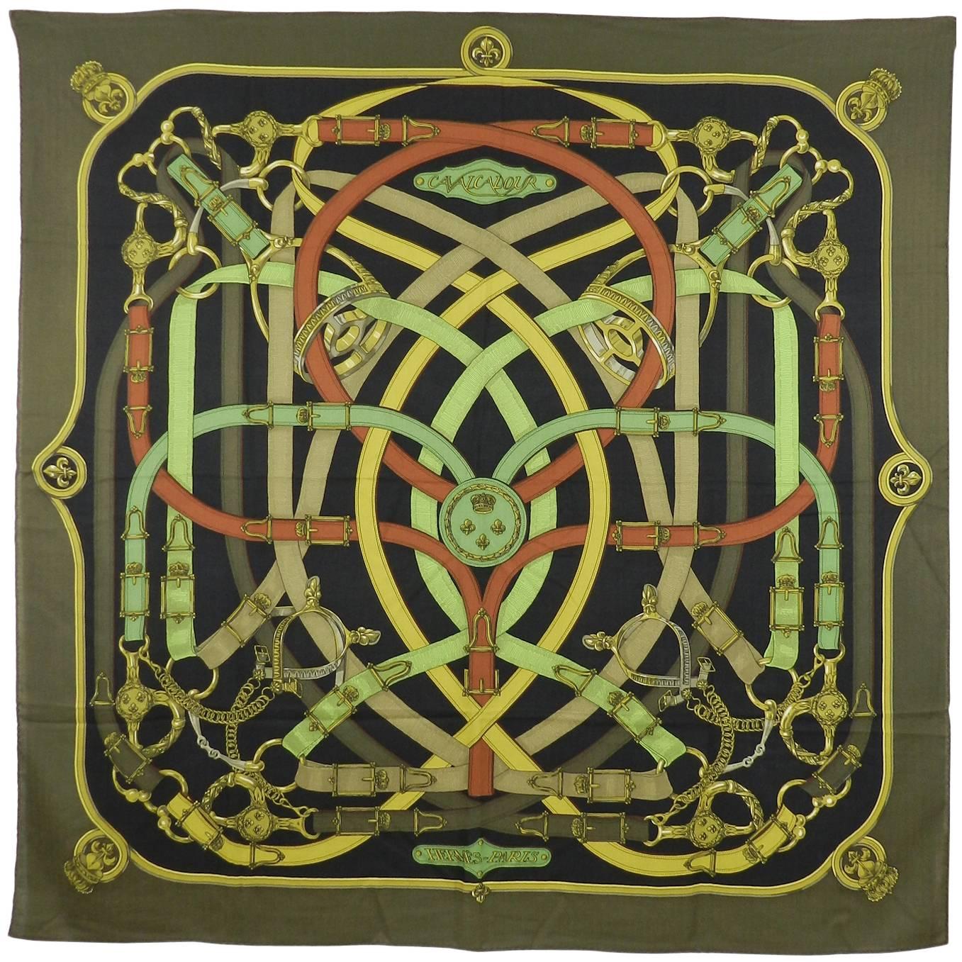 Hermes Cavalcadour Cashmere silk 140cm shawl scarf
