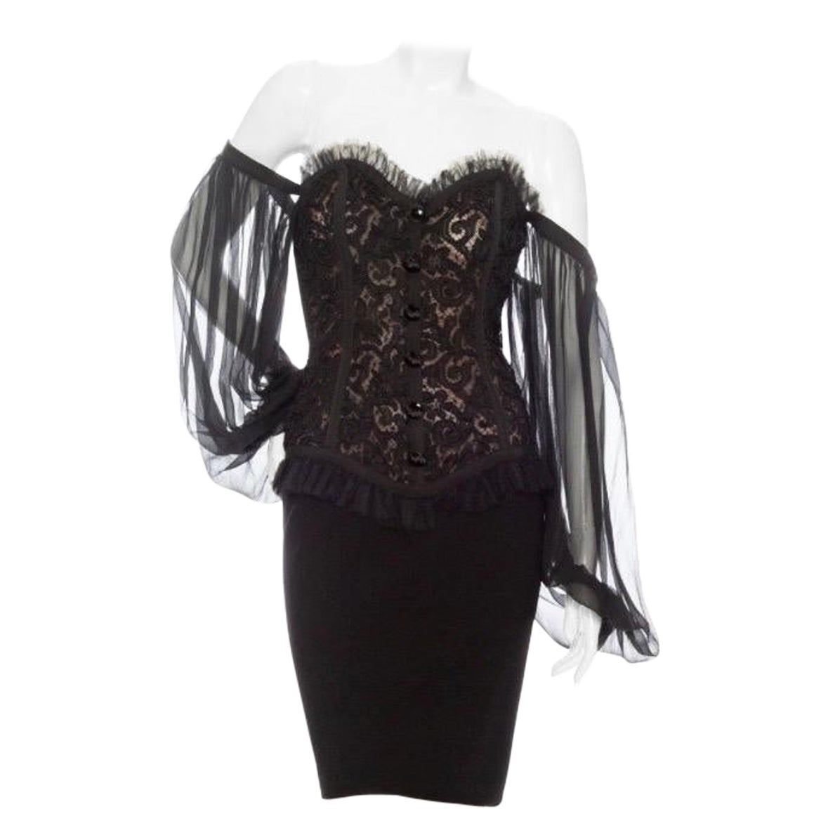 Yves Saint Laurent 1980s Black Off-the-Shoulder Lace Bustier Dress For Sale