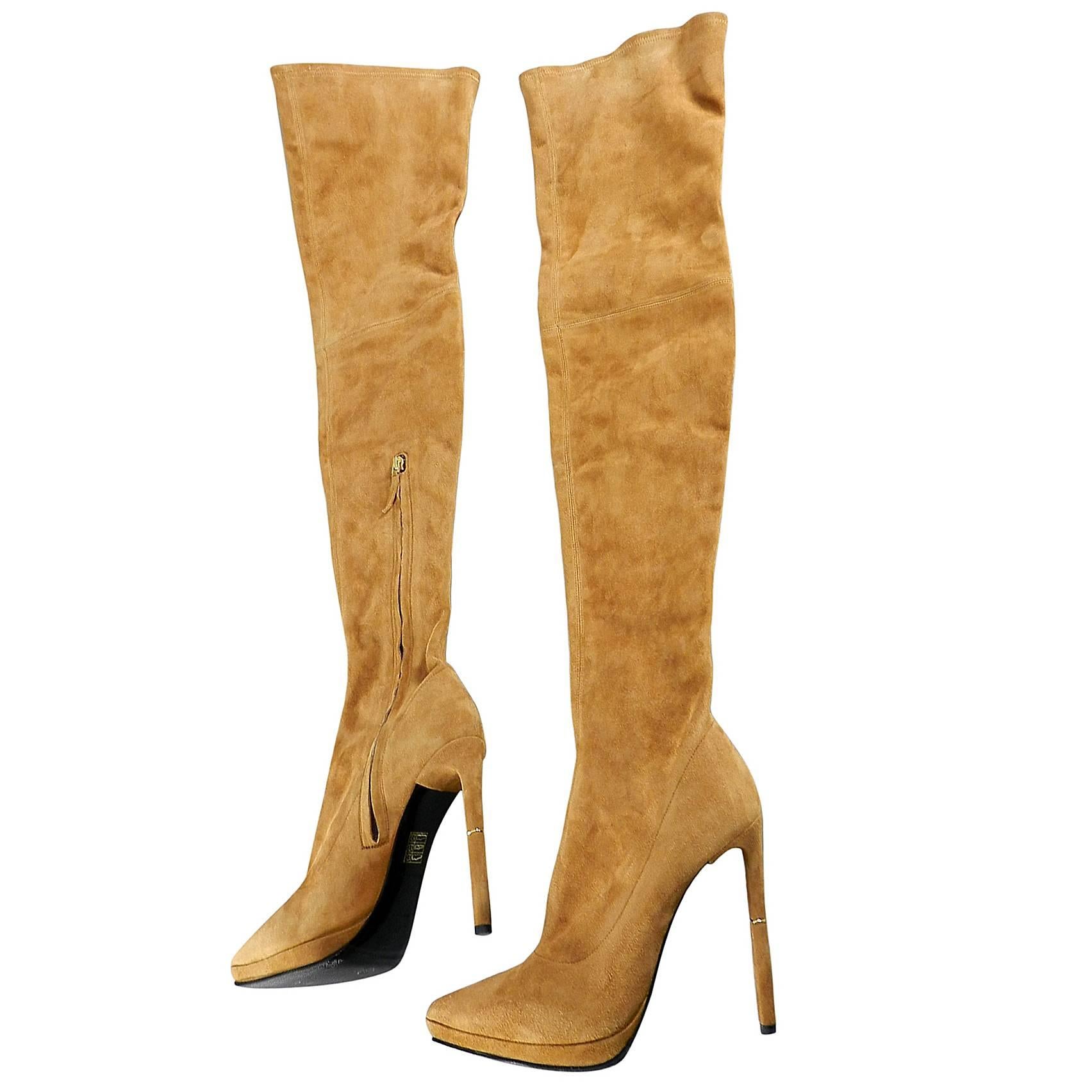 Emilio Pucci Fall 2013 Runway Tan Suede Over the Knee High Heel Boots