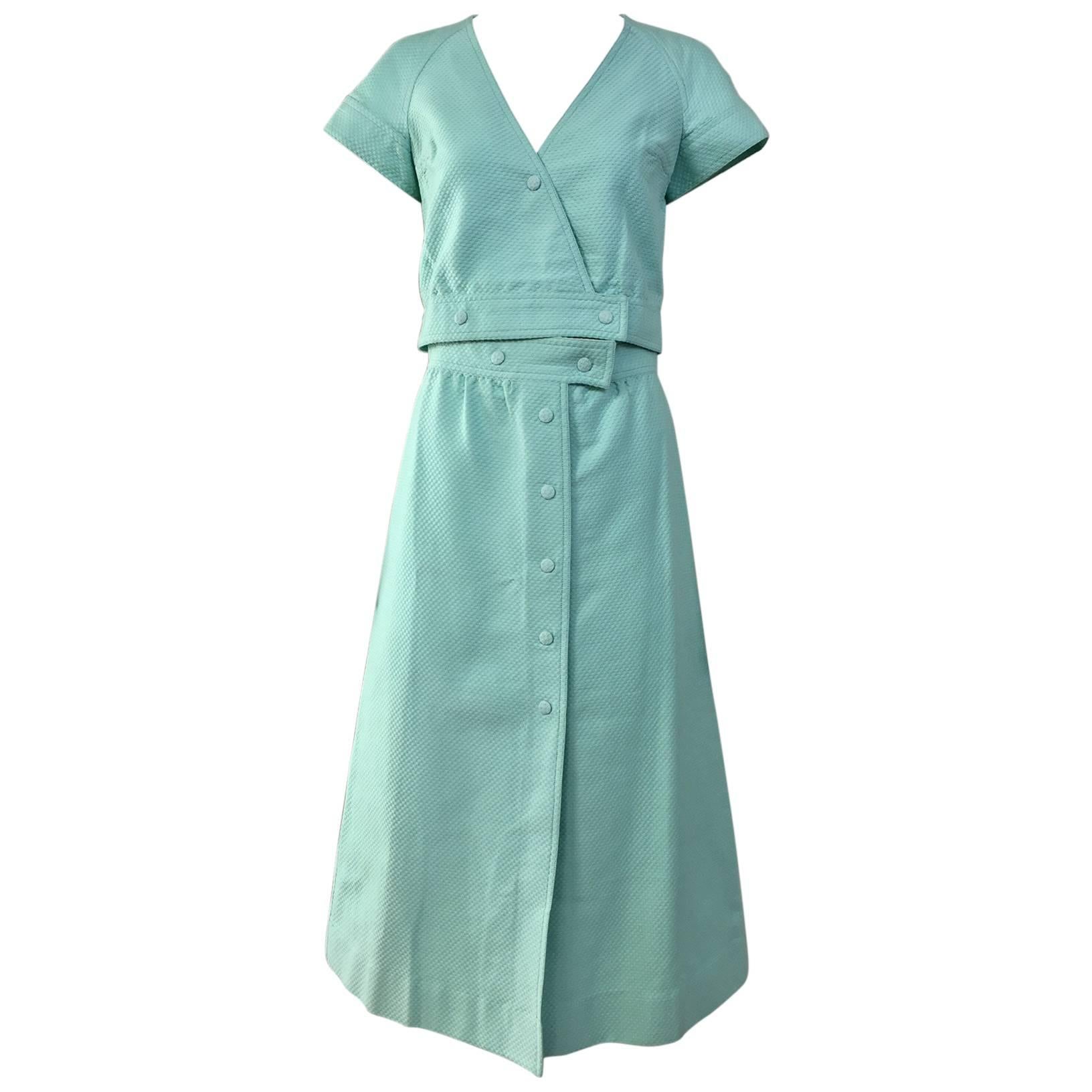 70s Courreges mint green cotton crop top and midi skirt set For Sale