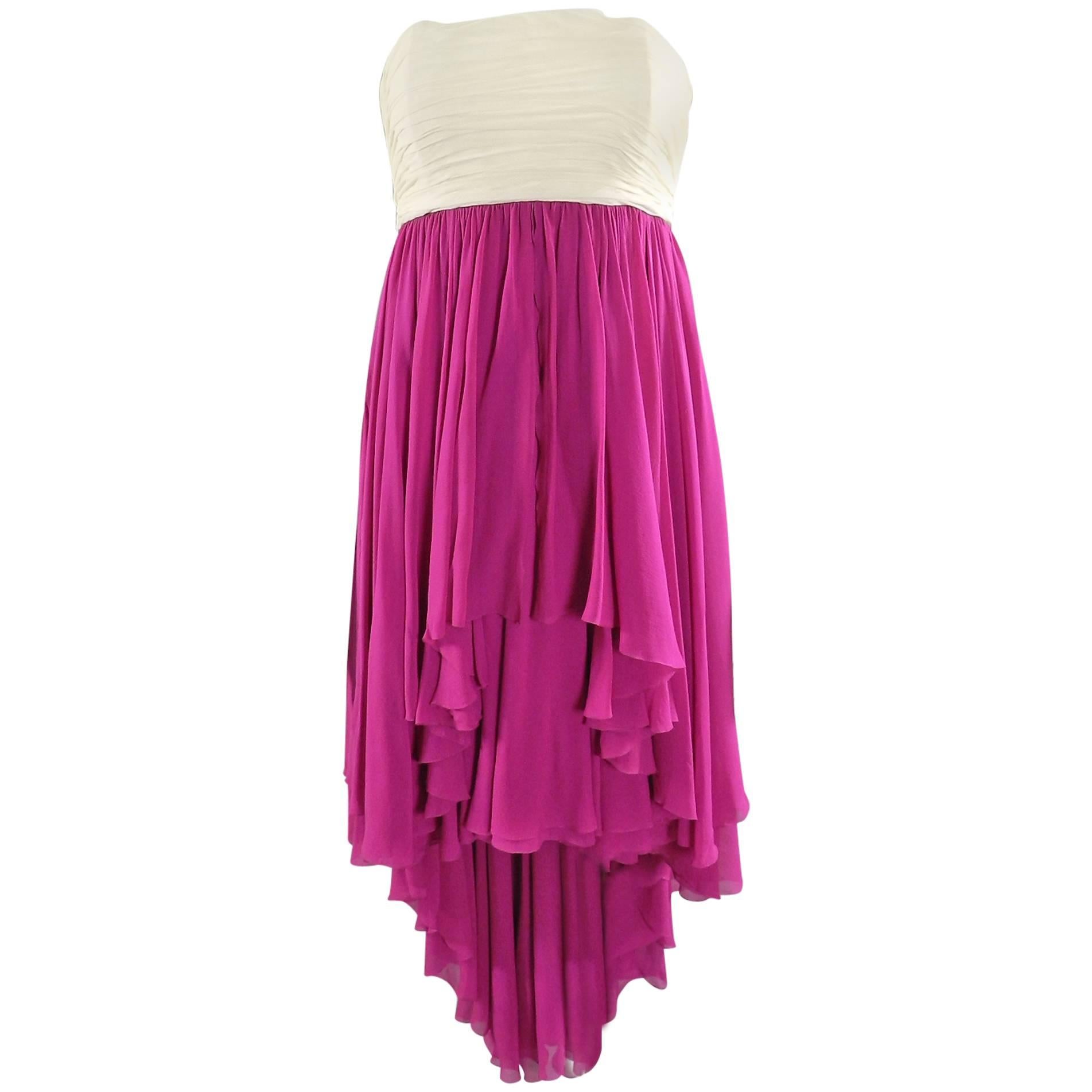 Karl Lagerfeld vintage 1985 Fuchsia and Ivory Strapless Silk cocktail Dress For Sale