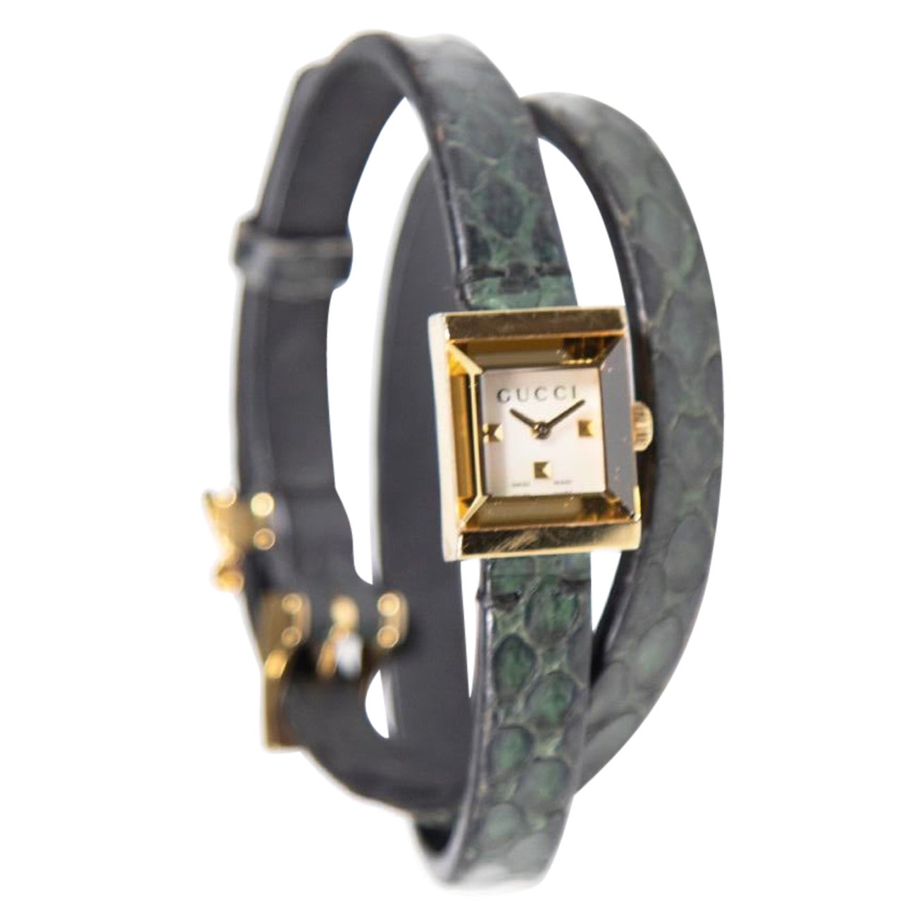 Gucci Green Snakeskin Wrap Bracelet Watch For Sale