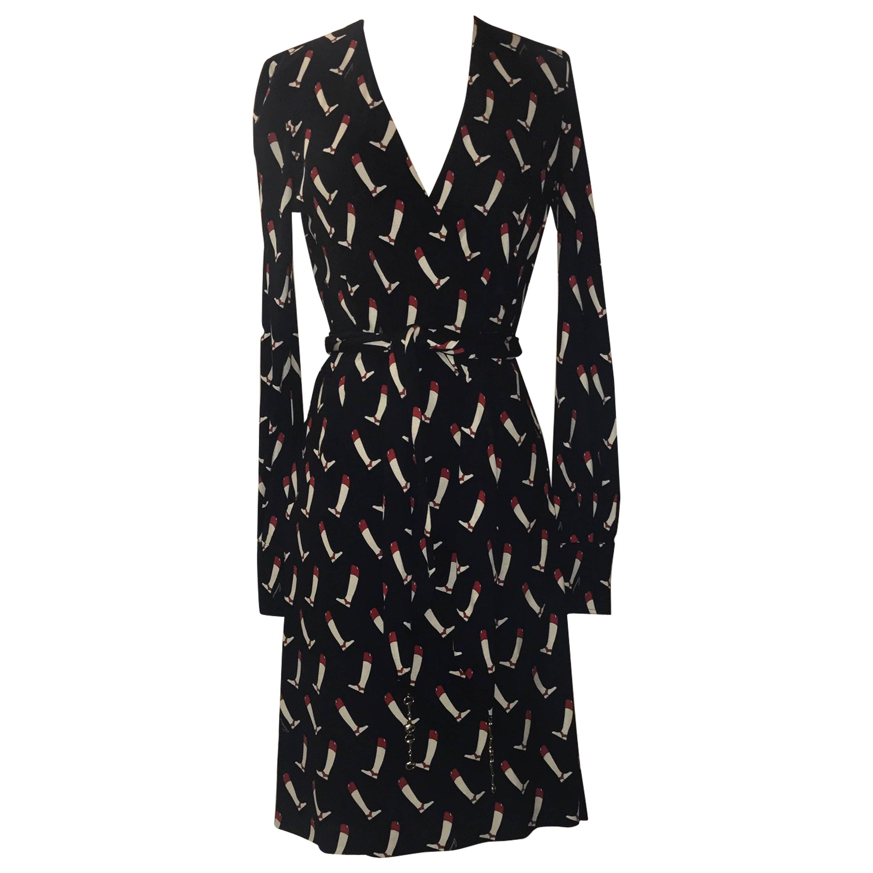 Gucci Navy Equestrian Boot Print Silk Wrap Dress with Silver Horsebit Charms