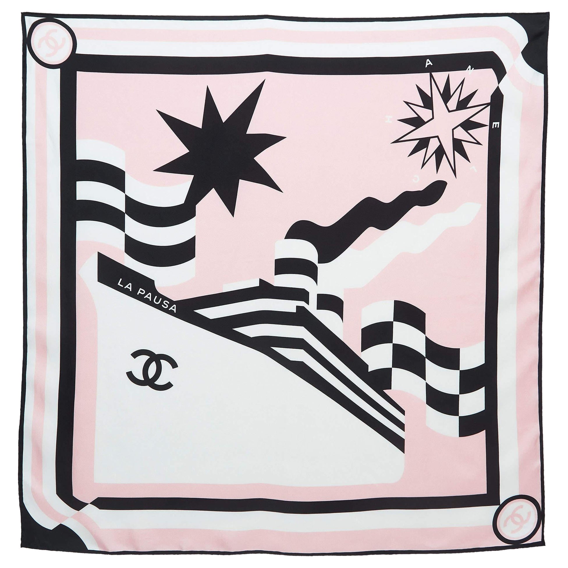 Chanel Rosa Seide La Pausa Quadratischer Schal mit rosa Druck im Angebot