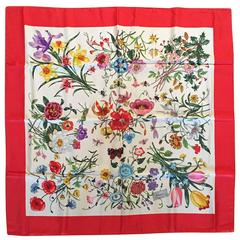 Vintage 1980s Gucci Flora Pattern Scarf with Red Border in Original Box 