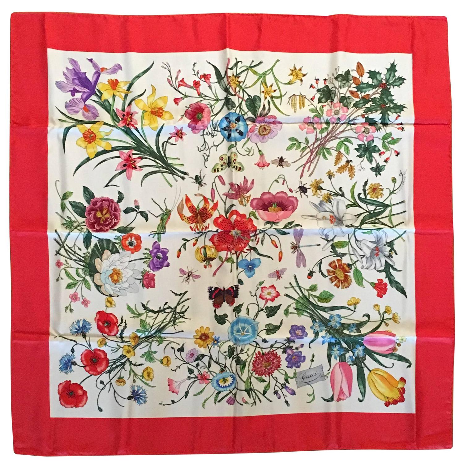 Vintage 1980s Gucci Flora Pattern Scarf with Red Border in Original Box