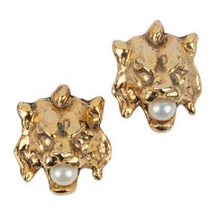 Lion Head Golden Metal Clip-on Earrings