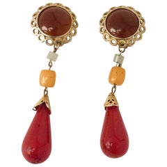 70s Carol Dauplaise Gold Pipe Stone Colored Earrings