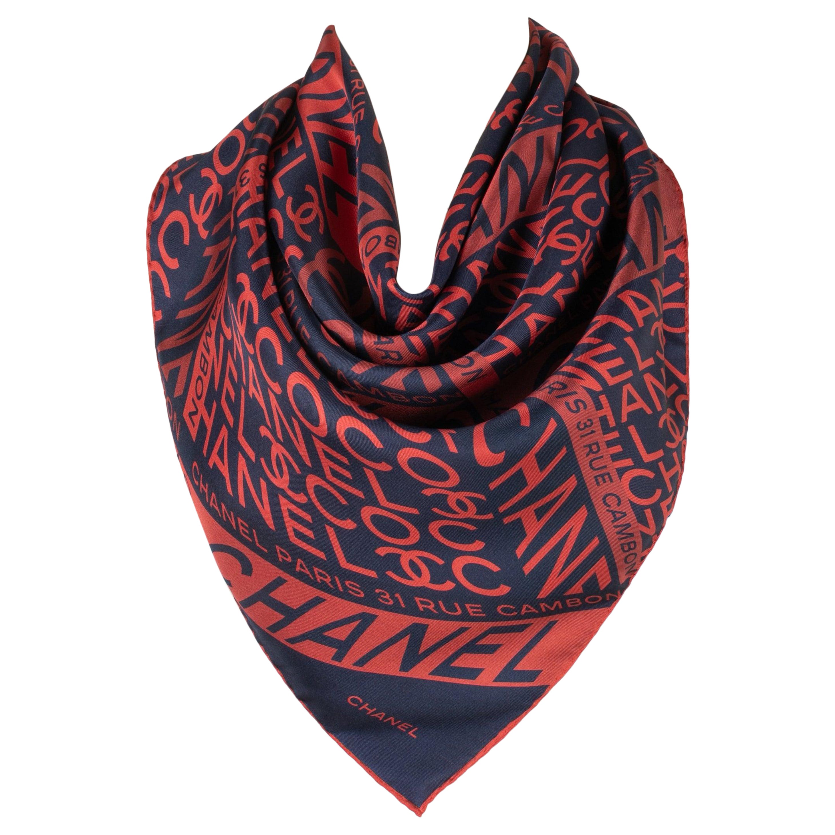Chanel Orange and Navy Blue Silk Reversible Foulard For Sale