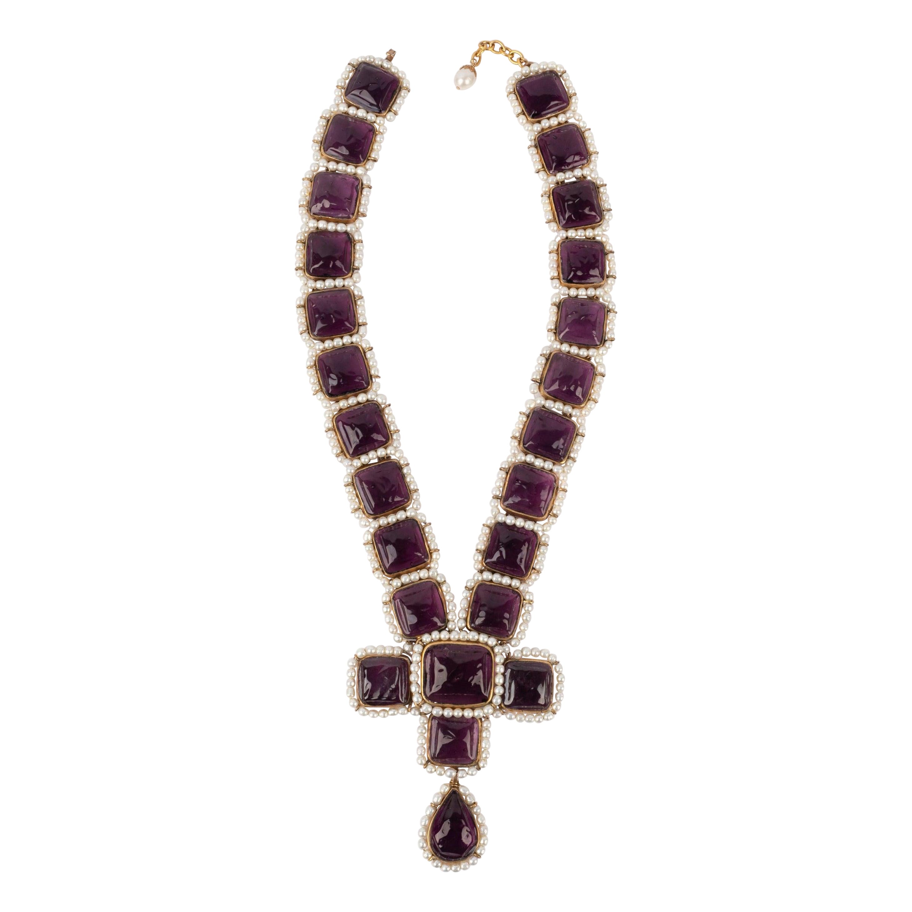 Chanel Golden Metal Cross Necklace with Glass Paste and Costume Pearls, 1930s