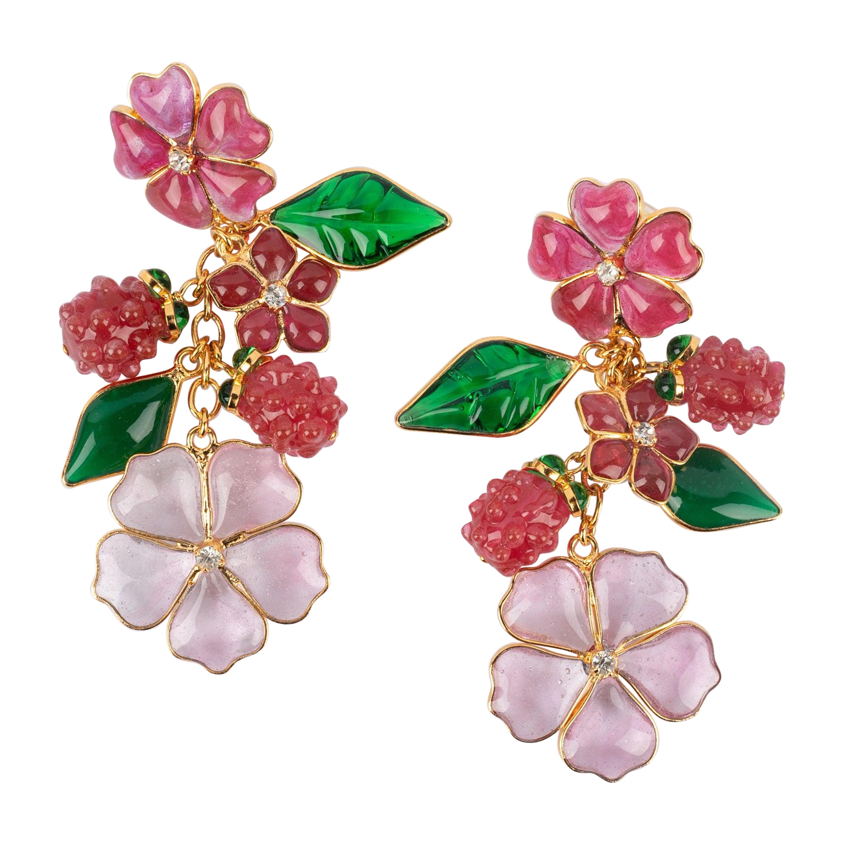 Augustine Golden Metal Earrings with Glass Paste Raspberries  For Sale