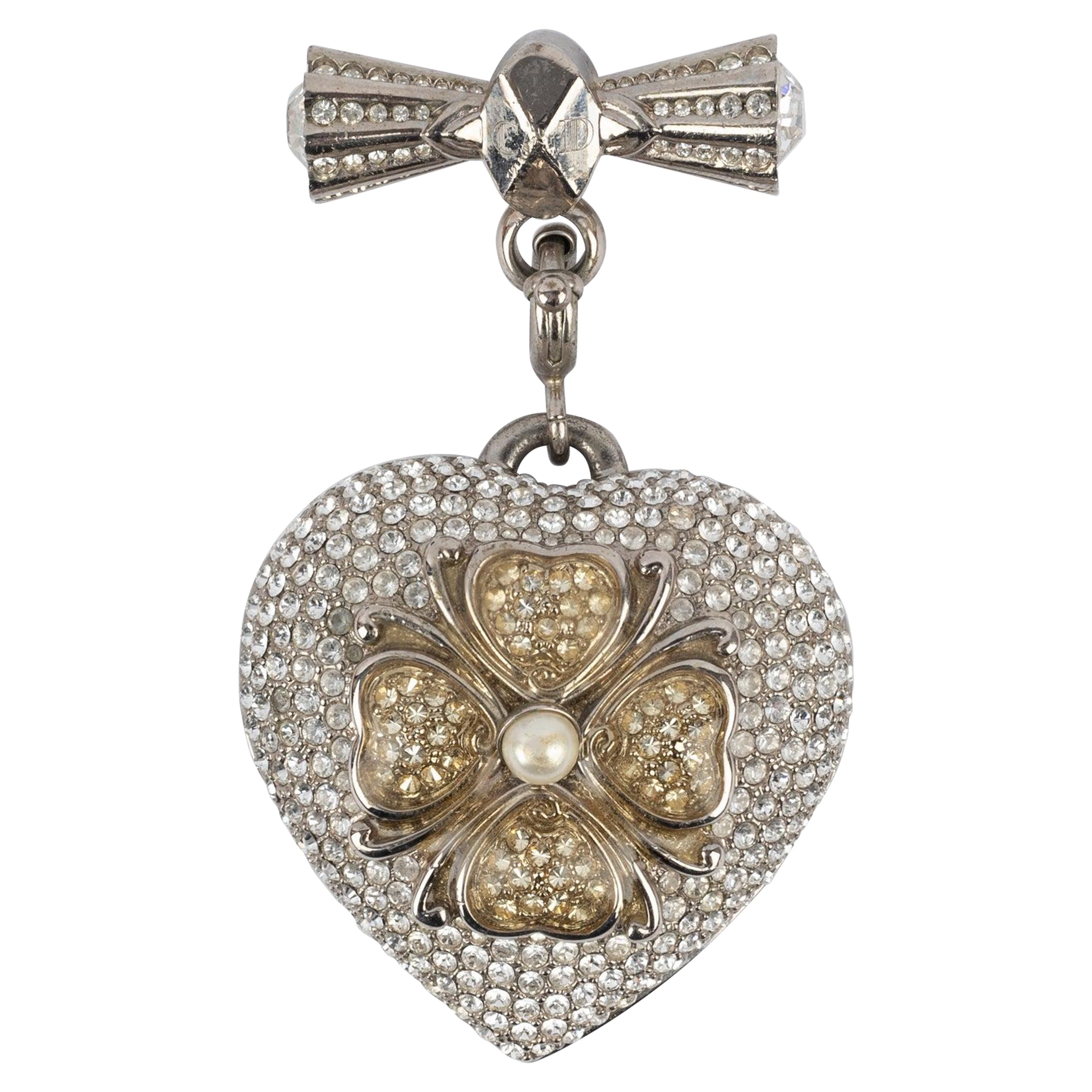 Dior Silvery Metal Heart Brooch with Rhinestones For Sale
