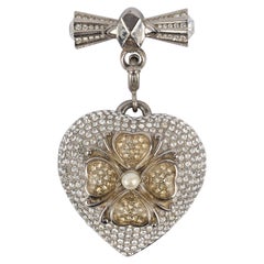 Dior Silvery Metal Heart Brooch with Rhinestones
