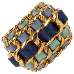 Vintage Chanel Cuff Bracelet in Golden Metal Interlaced with Blue Tone Leather, 1991