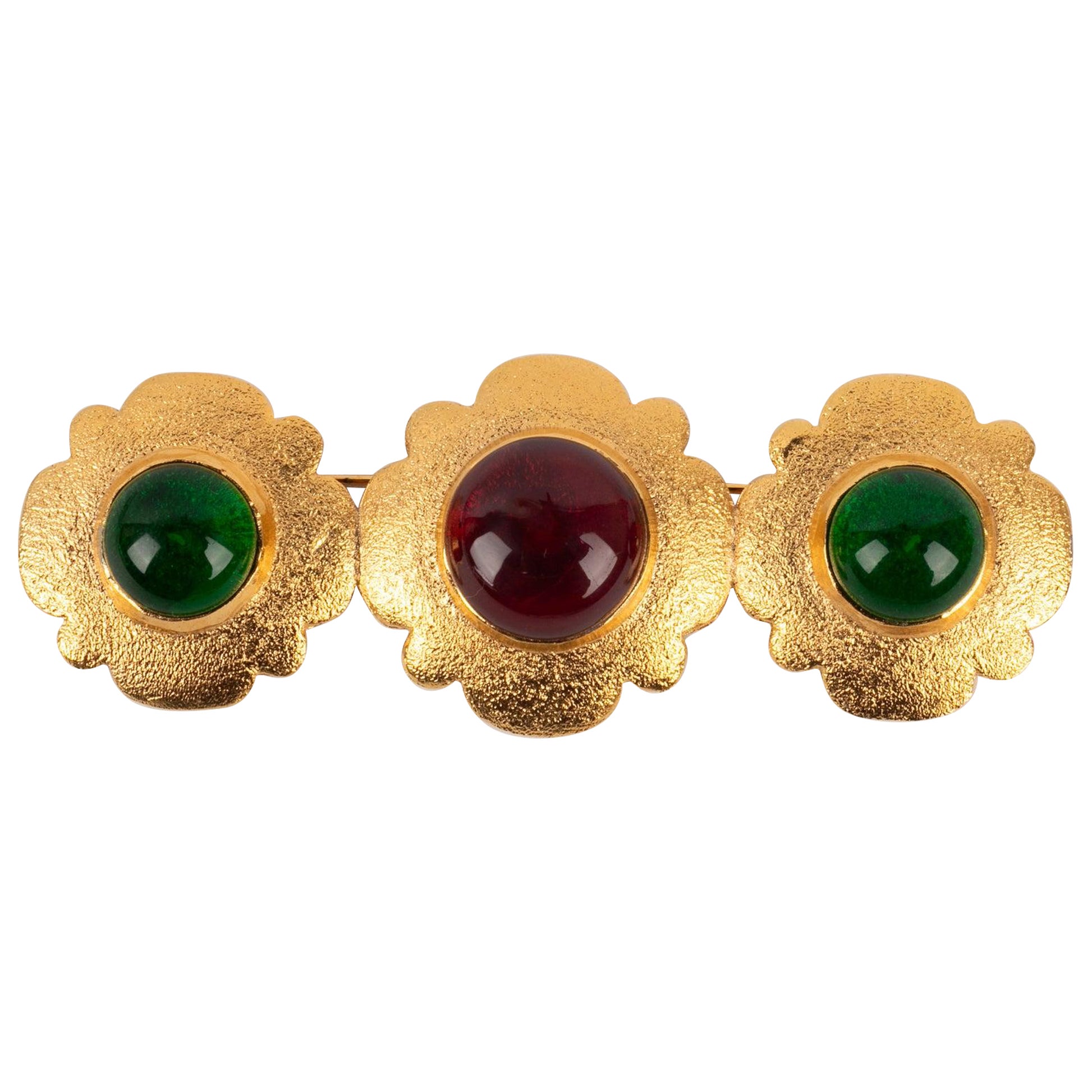 Chanel Brooch In Gold-Plated Metal with Three Colored Glass, 1980s For Sale