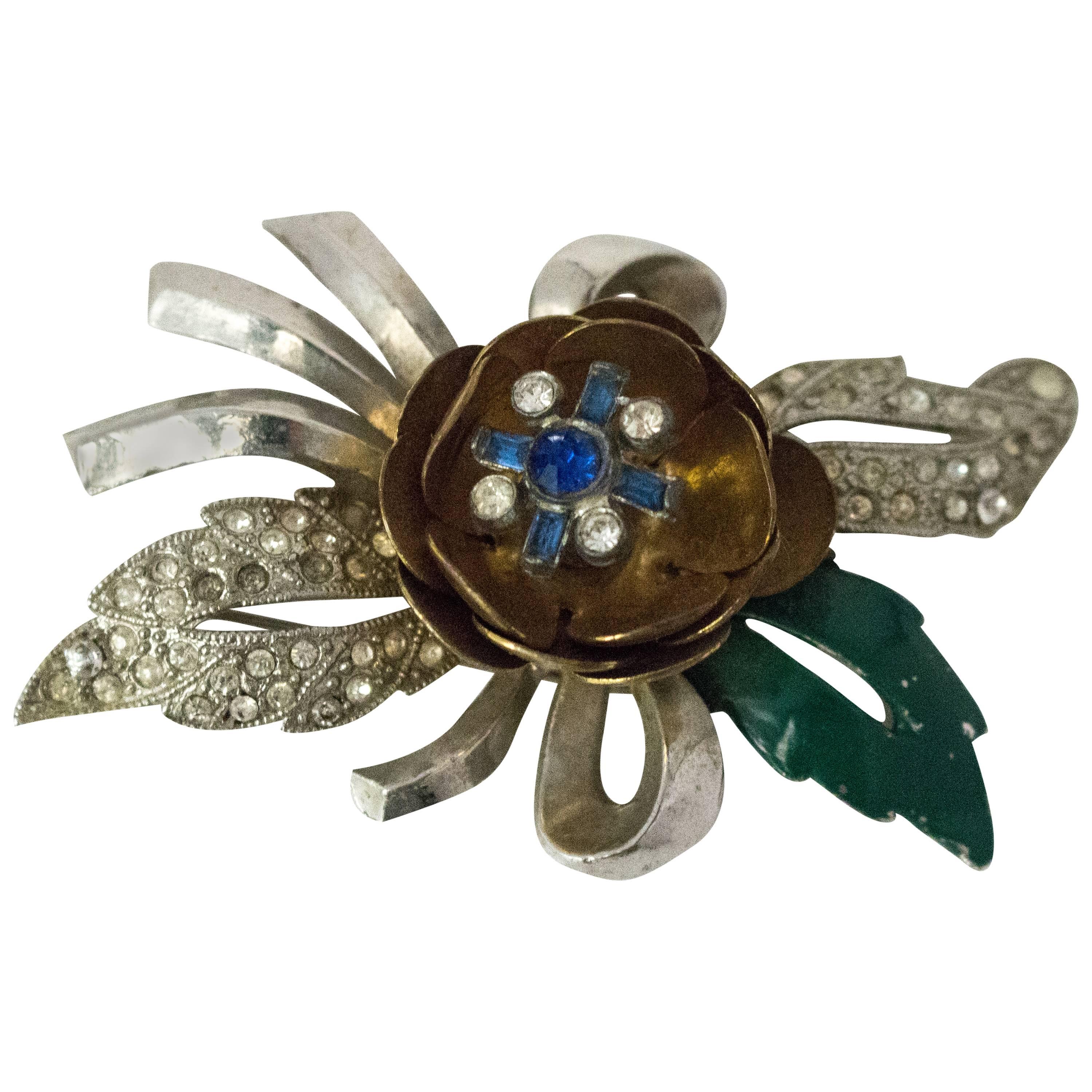 40s Sliver and Gold Tone Enamel and Crystal Flower Brooch with Spring Pistil 