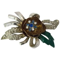 40s Sliver and Gold Tone Enamel and Crystal Flower Brooch with Spring Pistil 