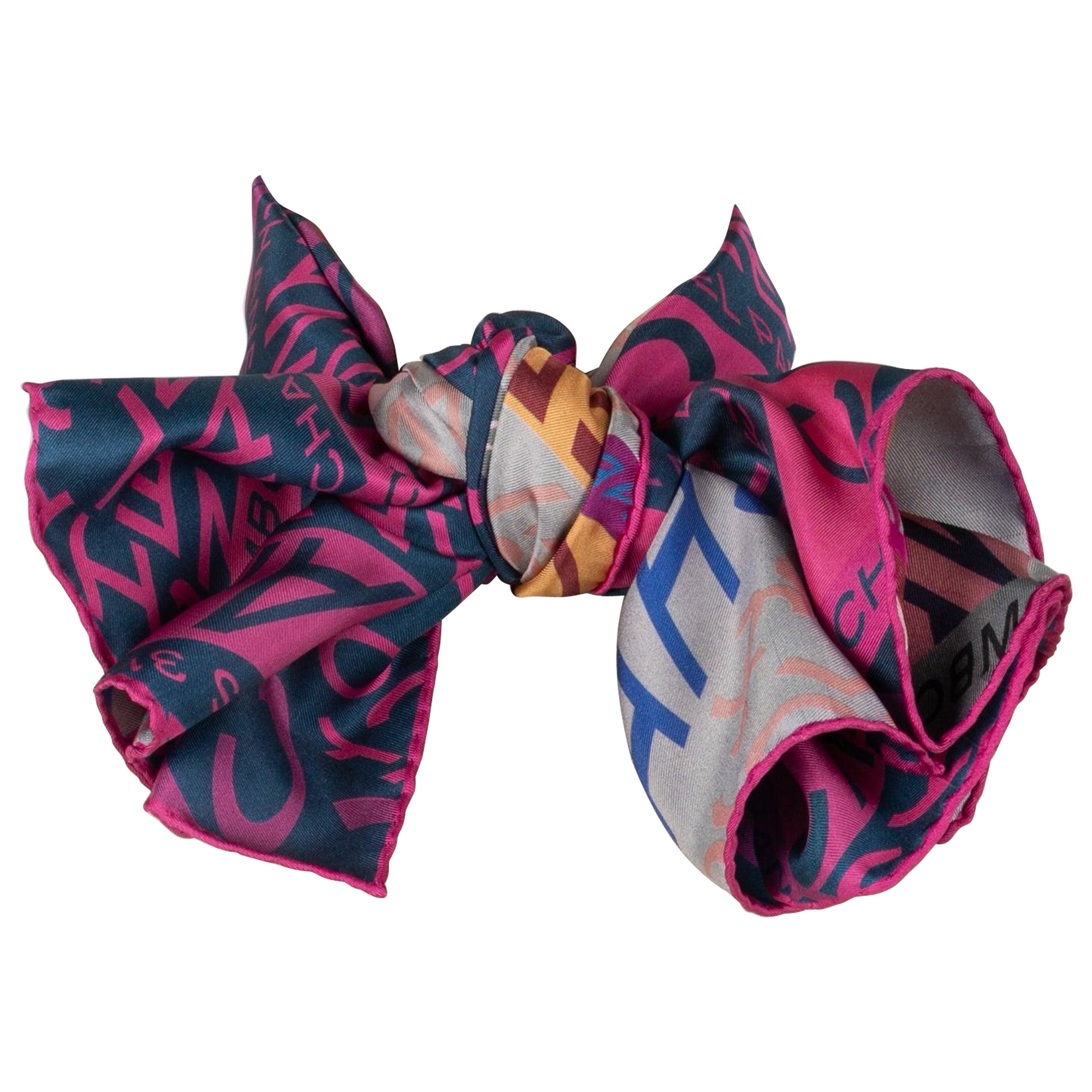 Chanel Silk Reversible Foulard in Navy Blue and Pink Tones For Sale