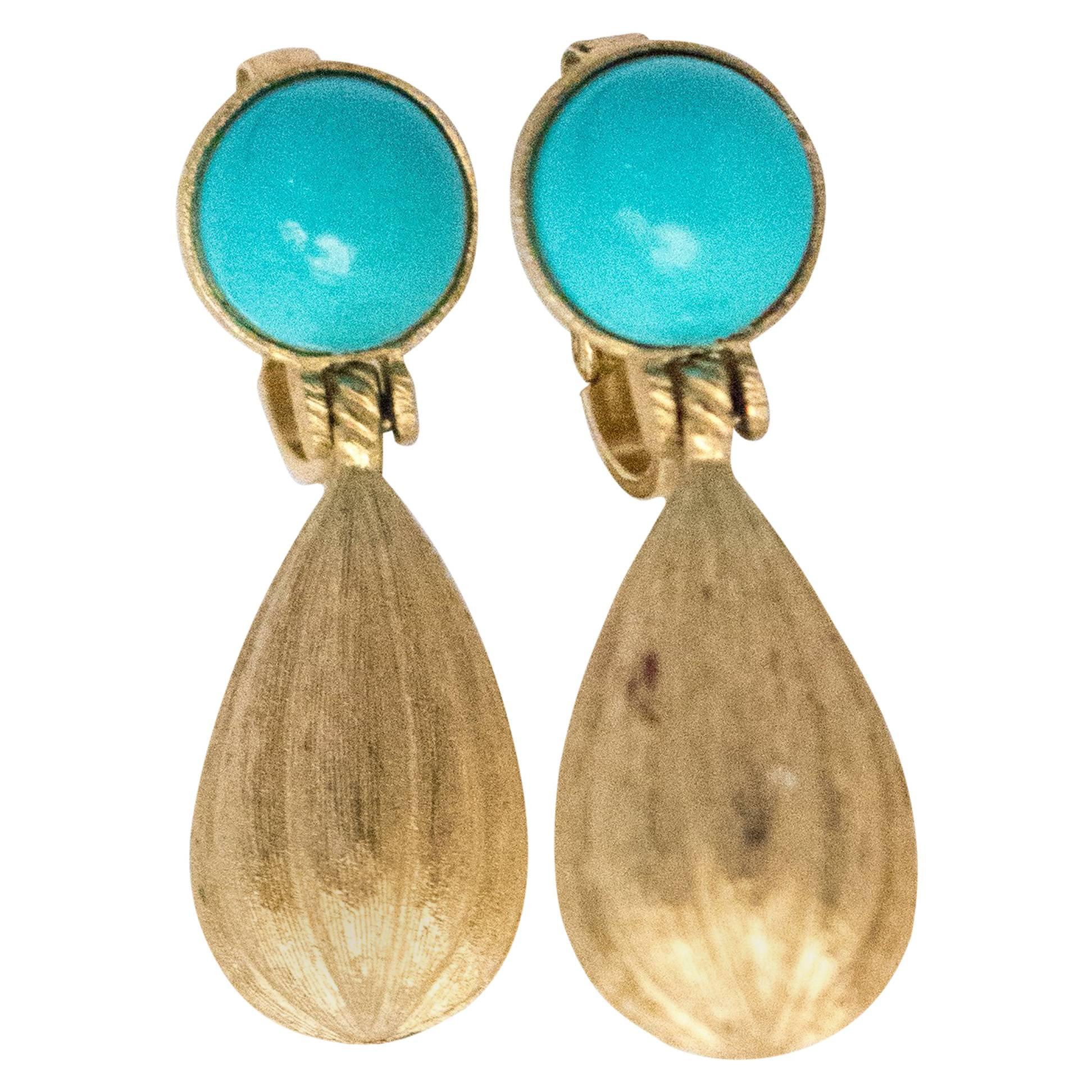 50s Trafari Gold Turquoise Tear Drop Earrings