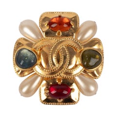 Chanel Golden Metal Brooch With Glass Paste And Costume Pearly Drops, 1997