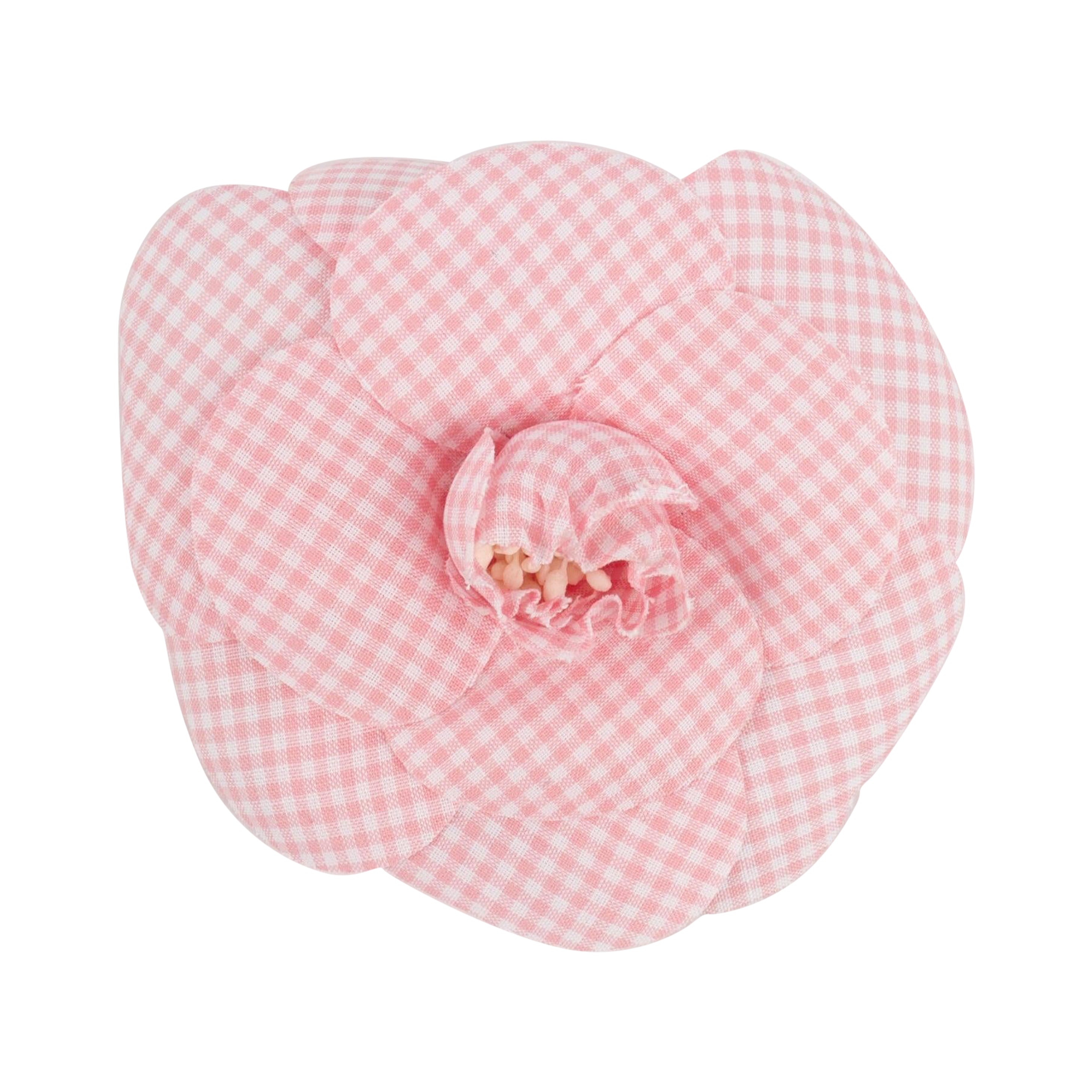 Chanel Camellia Brooch Made of Pink and White Gingham Fabric, 1990s