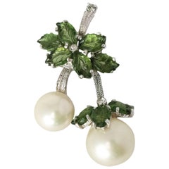 Vintage 60s Jomaz Brooch Silver Tone with Forest Green Crystals and Pearls