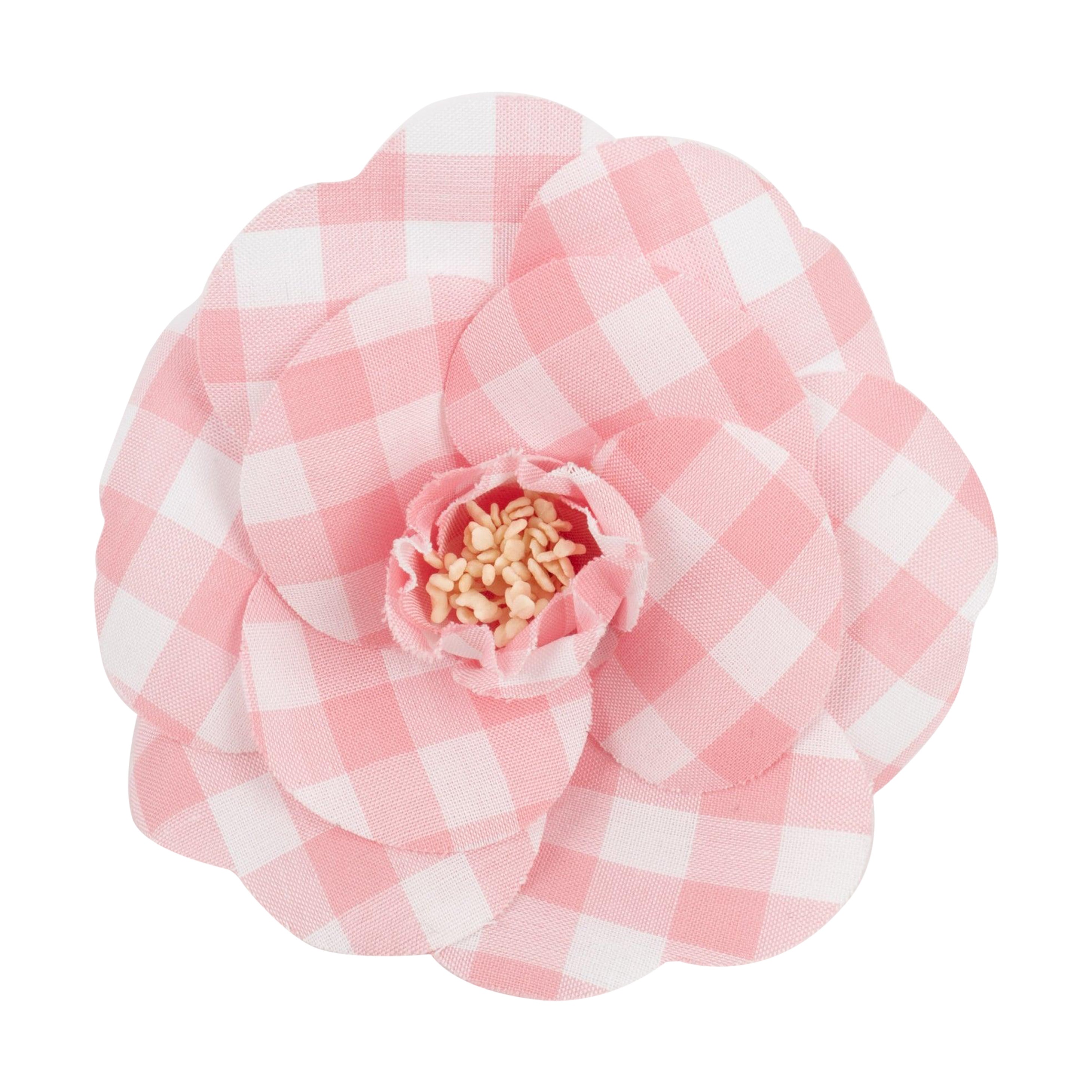 Chanel Brooch Camellia Made of Pink and White Gingham Fabric, 1990s For Sale