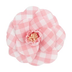 Vintage Chanel Brooch Camellia Made of Pink and White Gingham Fabric, 1990s