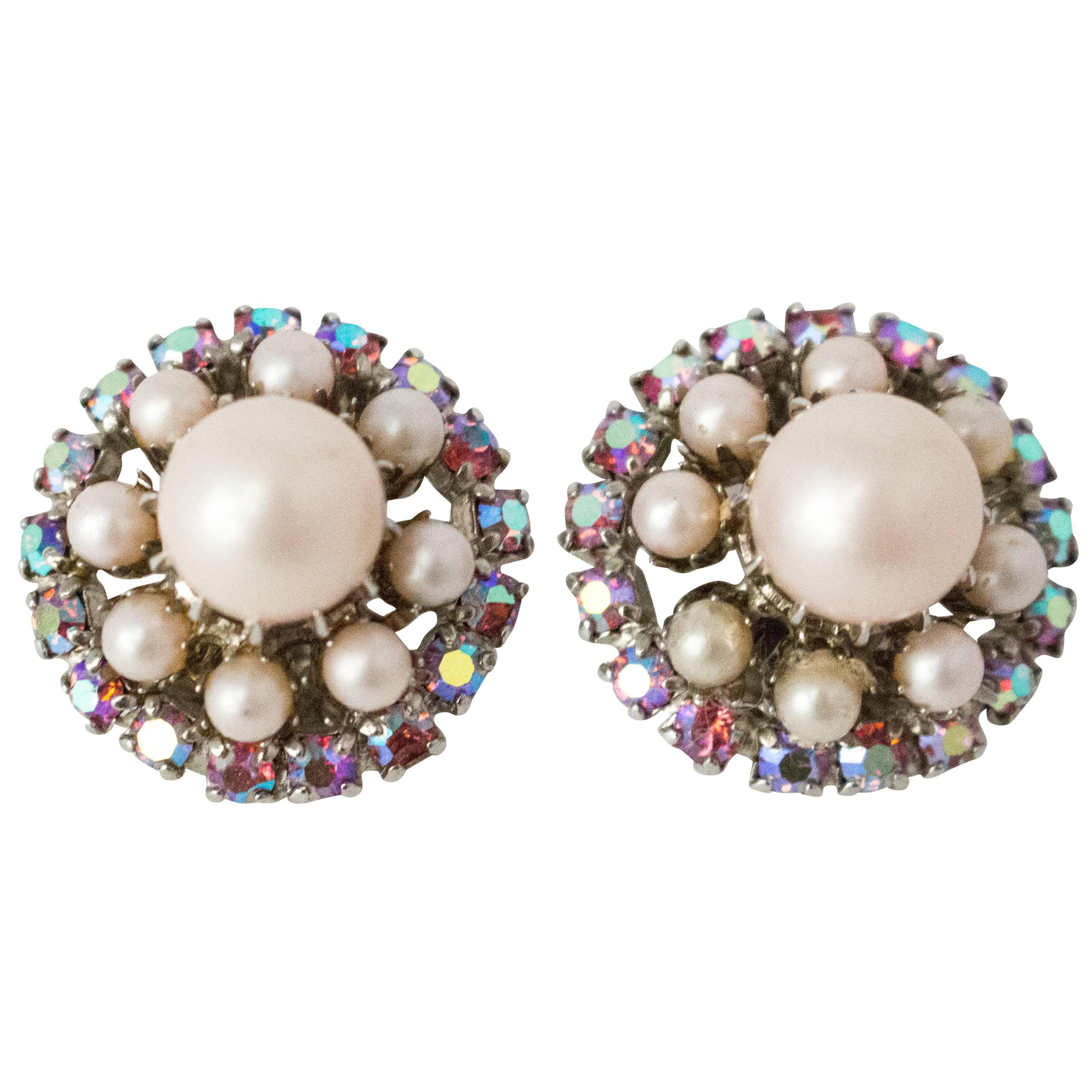 50s Kramer Pink Pearl Carnival Glass Crystal Earrings