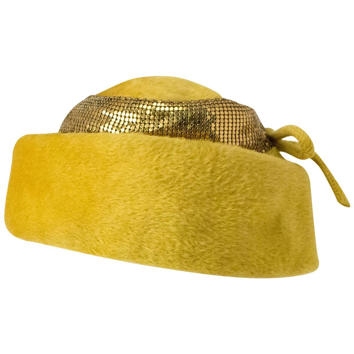  50s Leslie James Mustard Structured Hat with Metal Mess Trim  For Sale