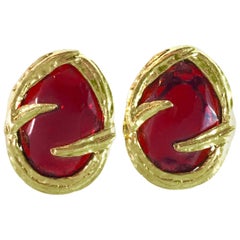 1980s Yves Saint Laurent Red Glass and Goldtone Clip Earrings