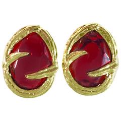 1980s Yves Saint Laurent Red Glass and Goldtone Clip Earrings 4