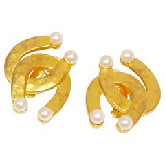 1980's Karl Lagerfeld Interlaced Horse Shoe Earrings with Faux Pearls 