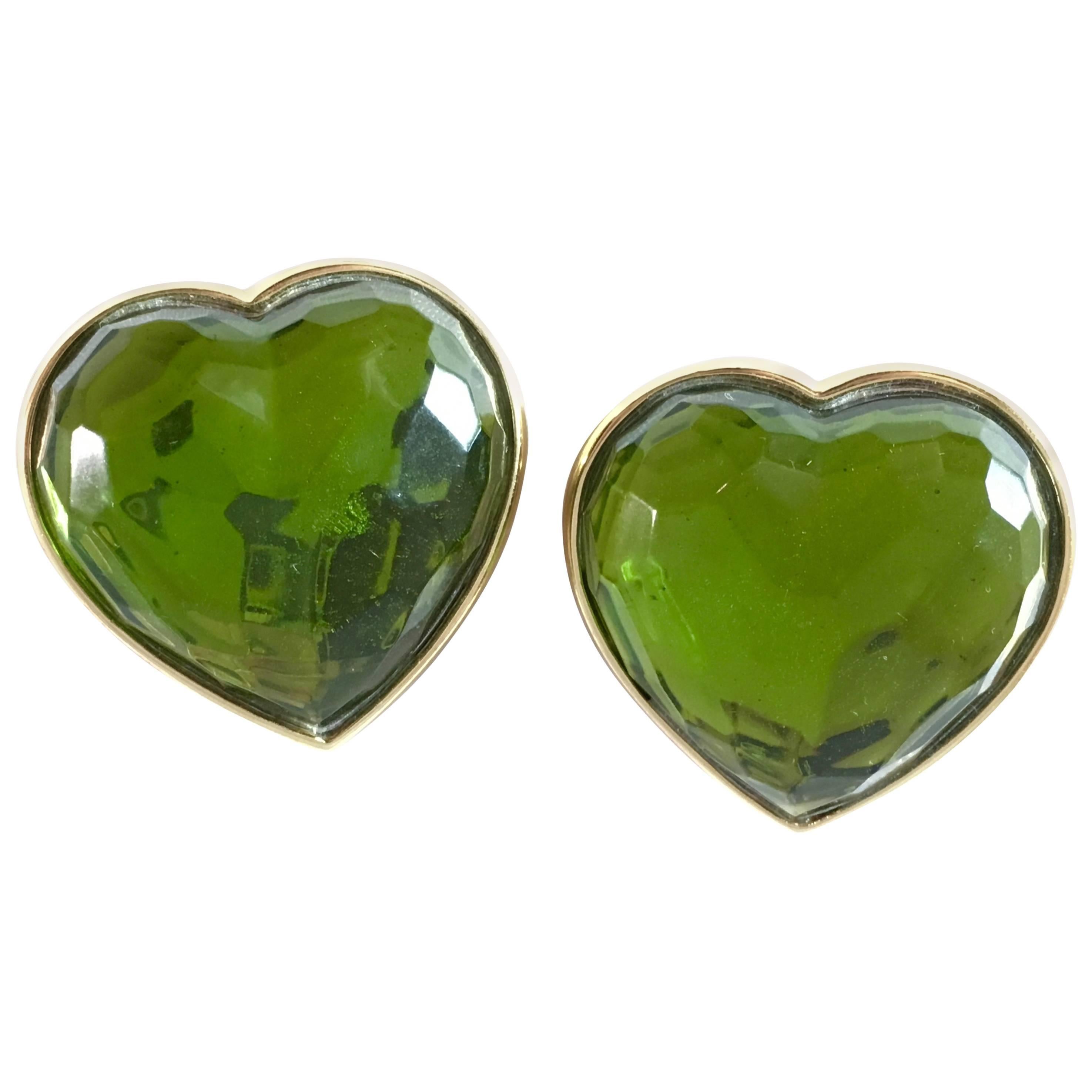 1980s Yves Saint Laurent Green Glass Heart Clip On Earrings For Sale
