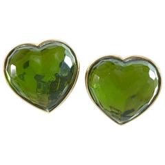 1980s Yves Saint Laurent Green Glass Heart Clip On Earrings