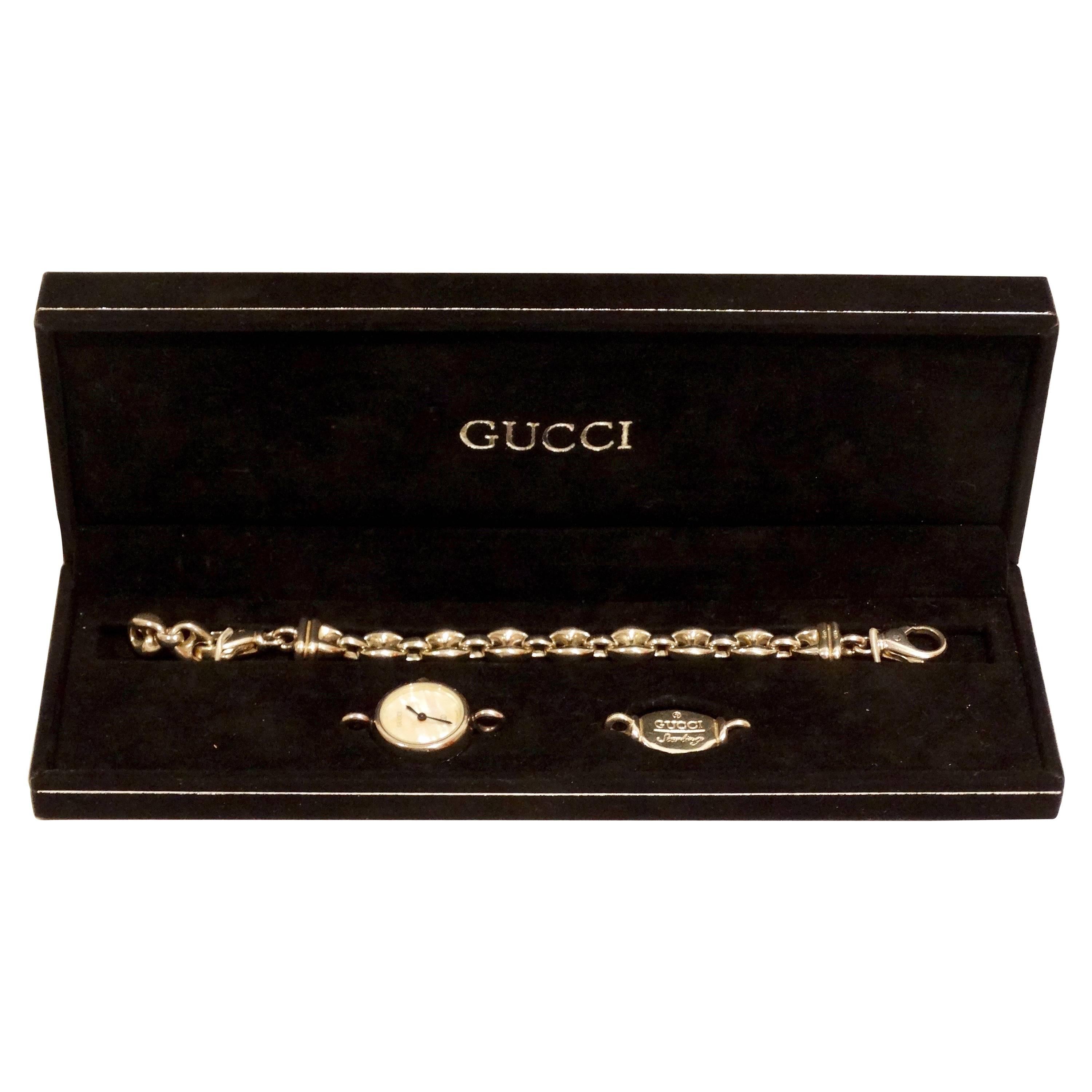 1980s Gucci Sterling Silver Mother of Pearl Watch with Silver Gucci Charm 