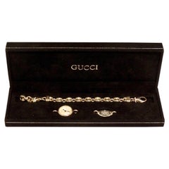 Vintage 1980s Gucci Sterling Silver Mother of Pearl Watch with Silver Gucci Charm