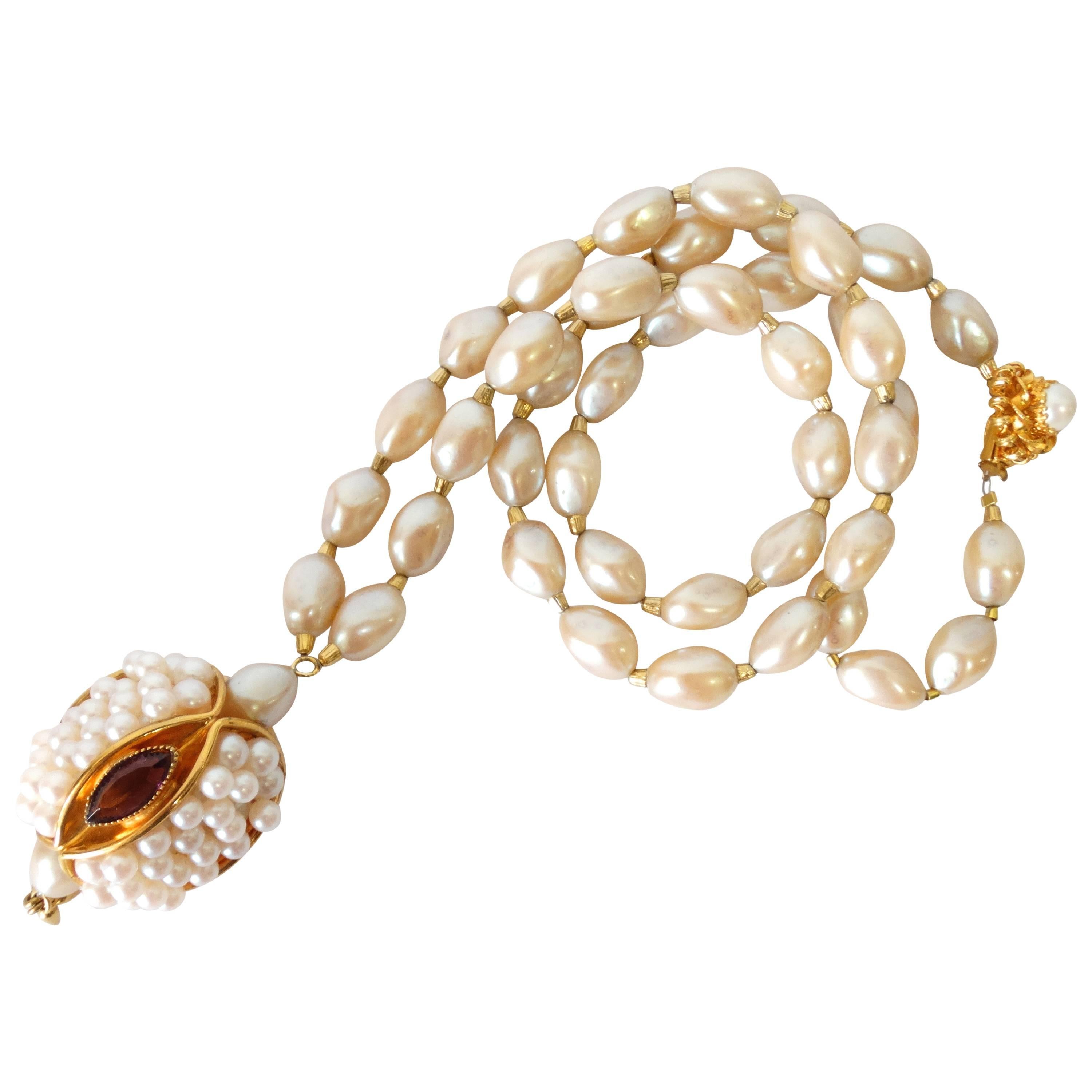 1970s William deLillo Pearl Snake Head Pendant Necklace