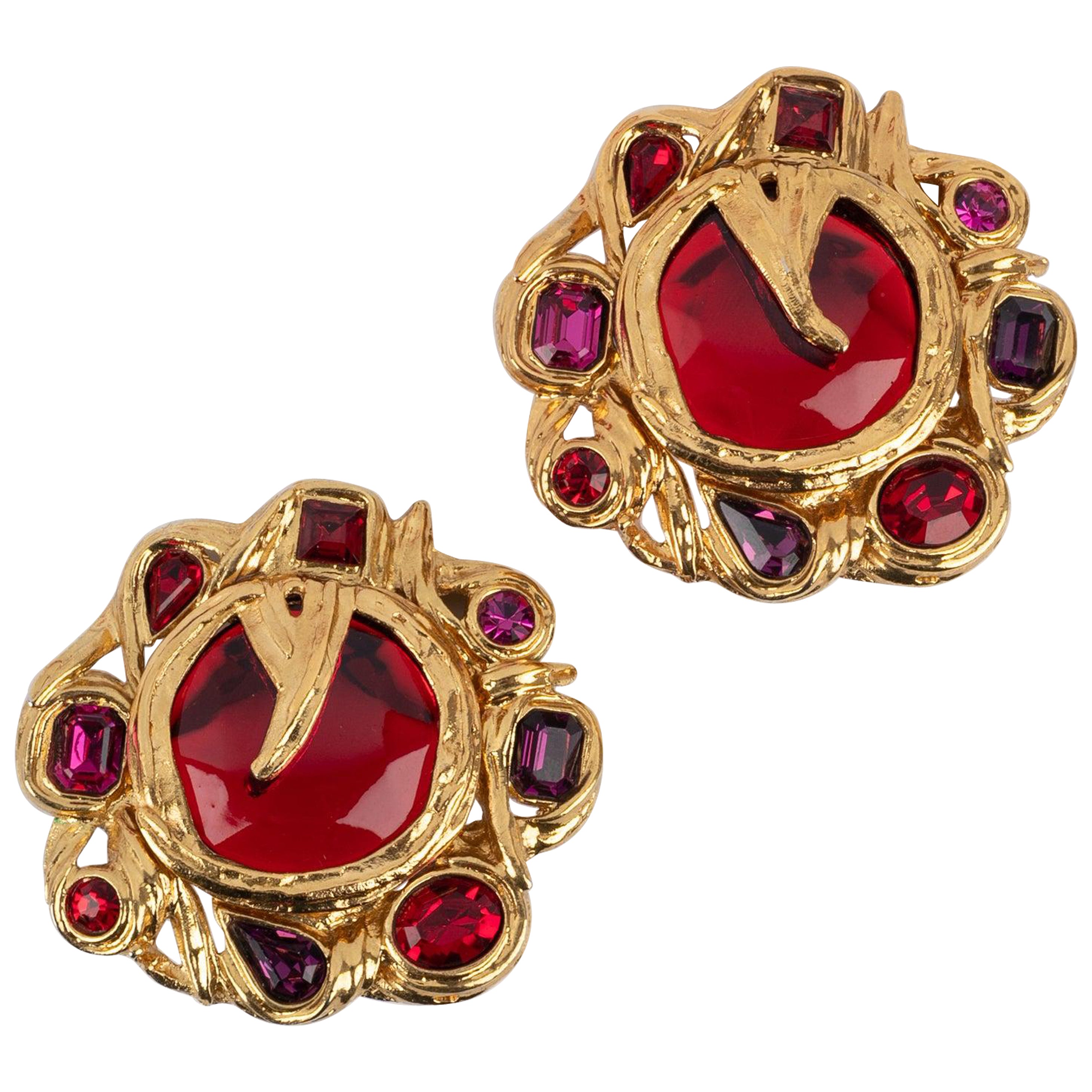 Yves Saint Laurent Clip-on Earrings with Red Tone Rhinestones , 1985s For Sale