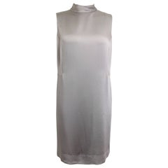 Donna Karan Classic Silver Satin High Neck Sleeveless Shift Dress 