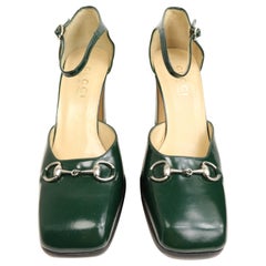 Gucci by Tom Ford Classic Green Leather Square Toe Strap Pumps