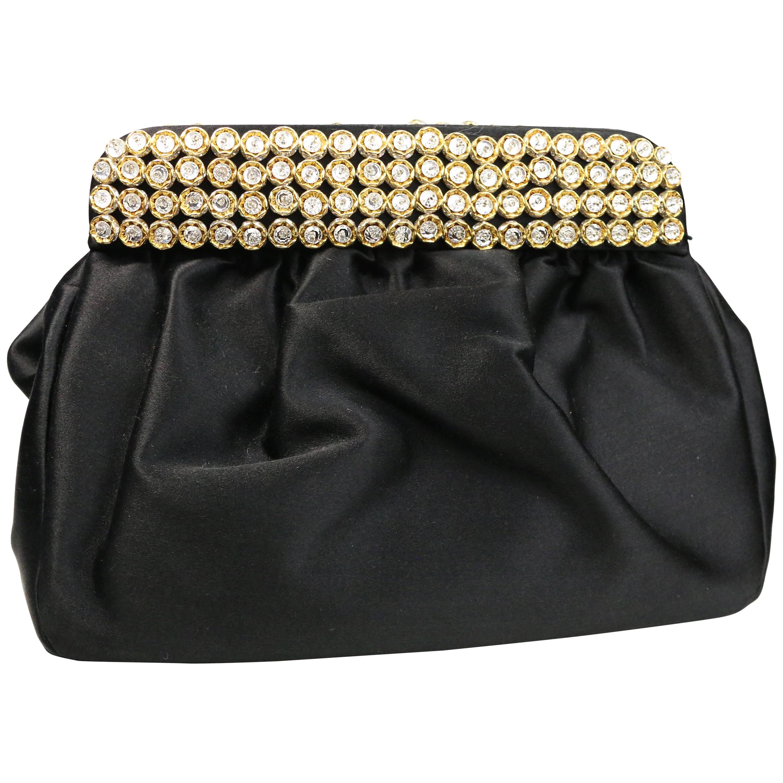 Casadei Black Satin Gold Toned Crystal Rhinestones Evening Clutch 