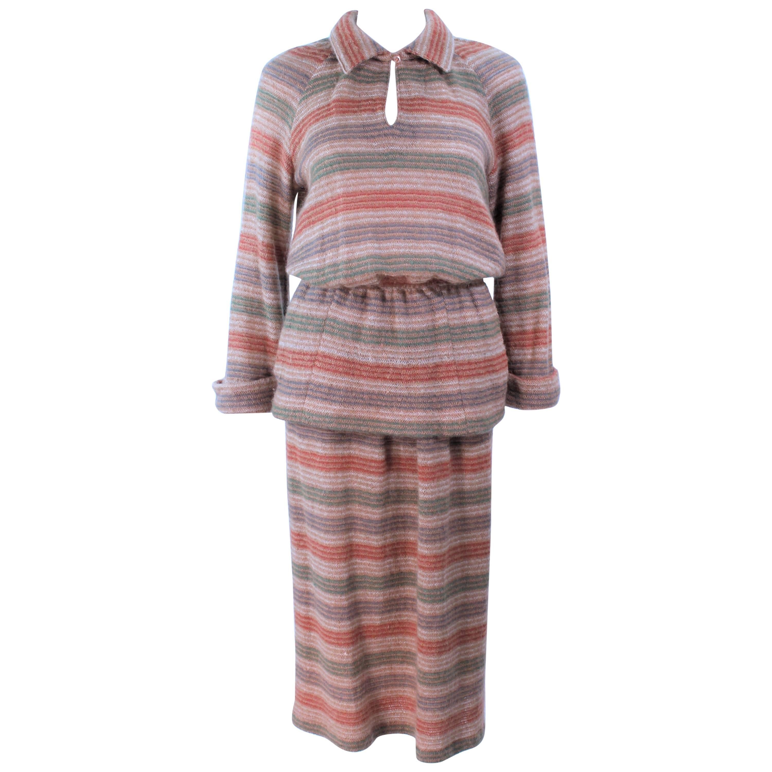 MISSONI Khaki Knit Wool Striped Skirt Set Size 8 10 For Sale