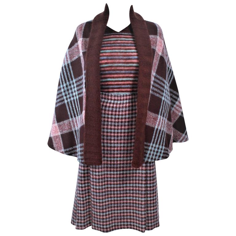 MISSONI Brown and Stripe Plaid Wool Ensemble with Cape Size 10 For Sale