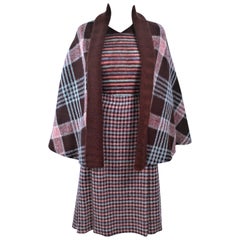 Vintage MISSONI Brown and Stripe Plaid Wool Ensemble with Cape Size 10