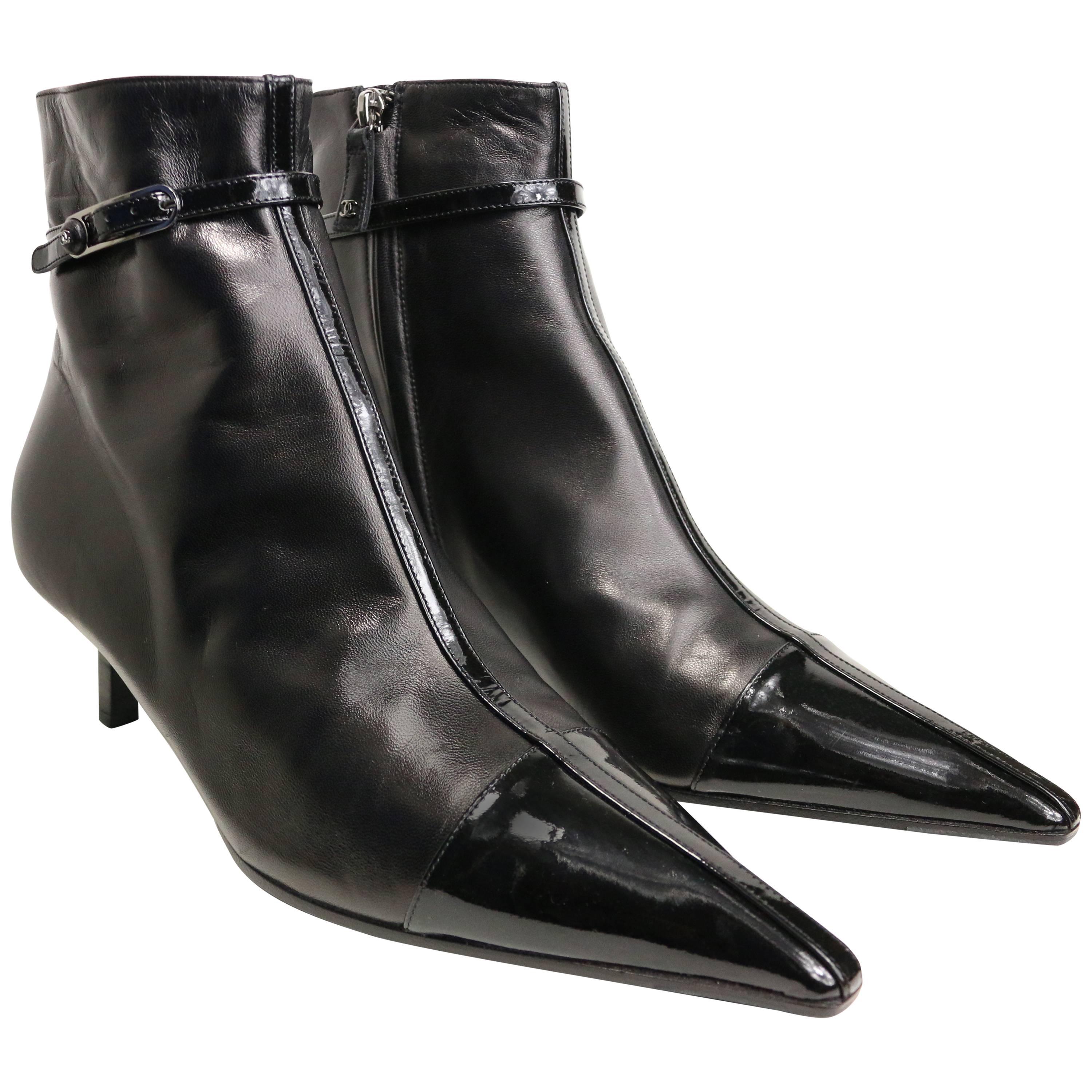  Chanel Black Leather Pointy Ankle Boots  For Sale