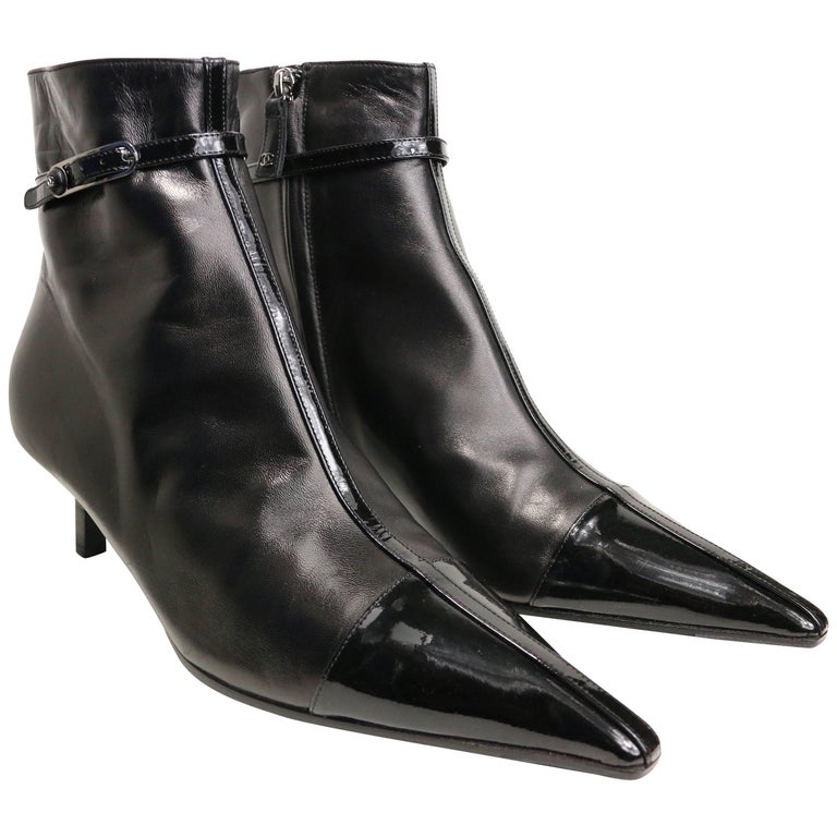 Unworn Chanel Black Leather Pointy Ankle Boots