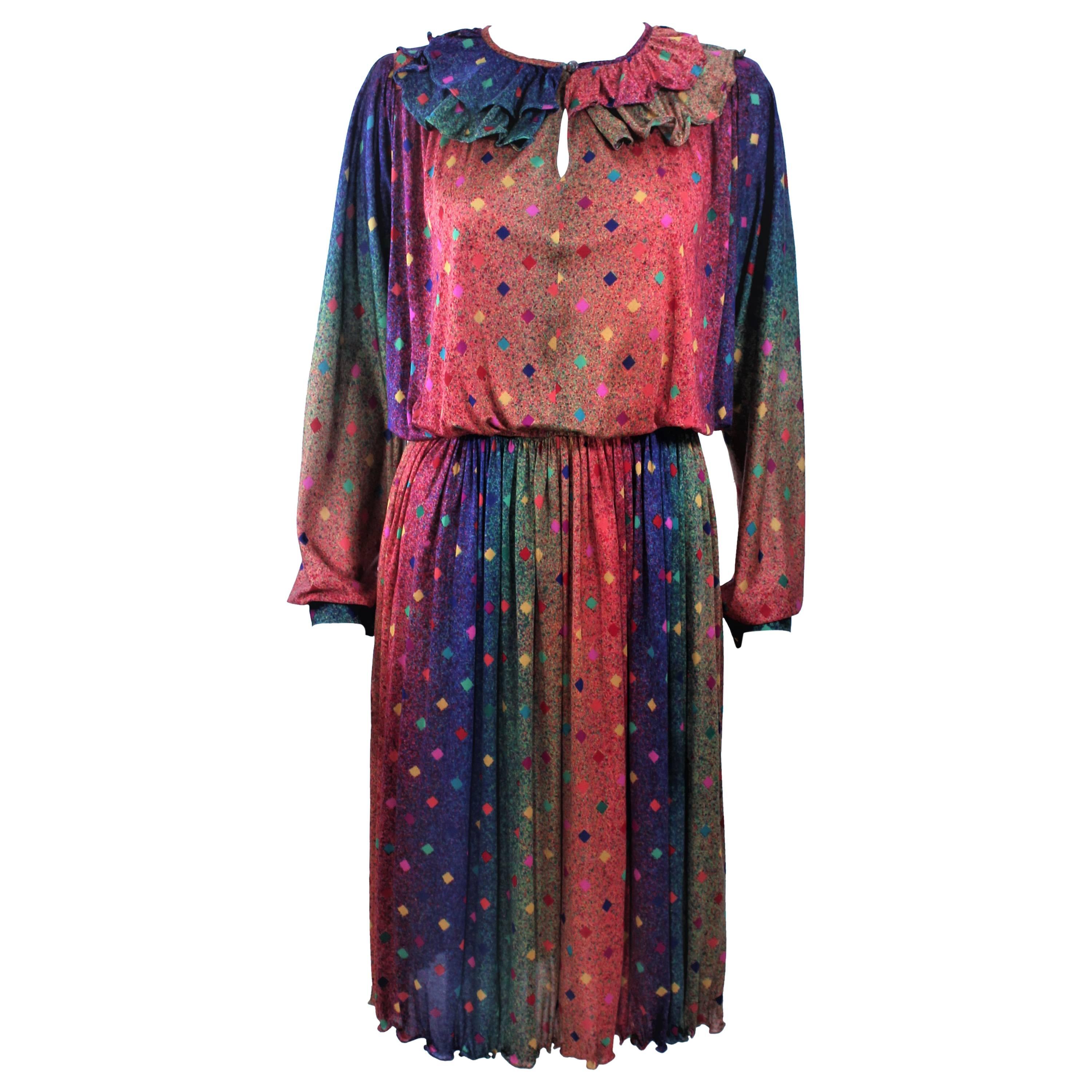 MISSONI Silk Rainbow Print Dress with Ruffle Trim Size 8 10 For Sale