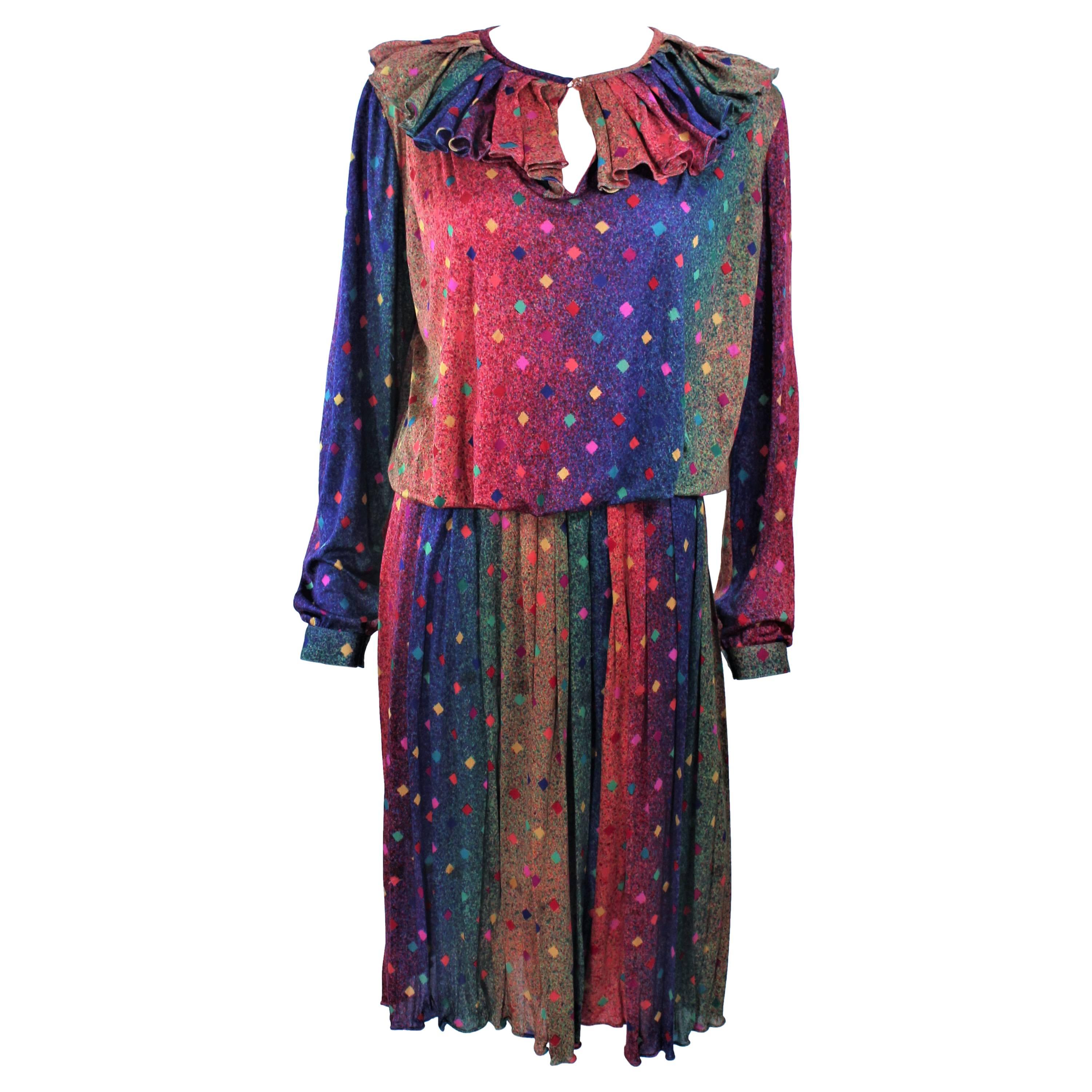 MISSONI Silk Rainbow Skirt Suit with Ruffle Collar Size 8 For Sale